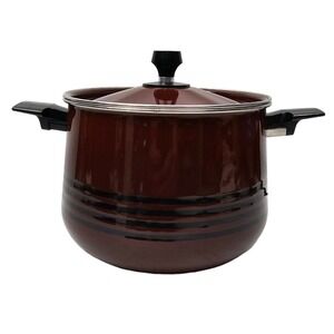 Vintage West Bend Scandia Enamelware Stock Pot with Lid 6 QT Brown Black Stripes